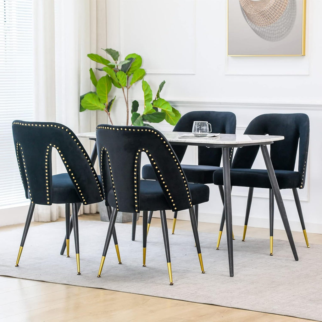 Aoowow Modern Dining Chairs Set of 6, Velvet Upholstered Side Chairs with Nailheads and Gold Tipped Black Metal Legs,Blue (Blue)