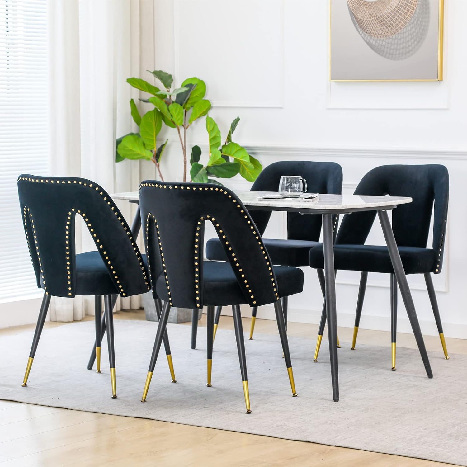 Aoowow Modern Dining Chairs Set of 6, Velvet Upholstered Side Chairs with Nailheads and Gold Tipped Black Metal Legs,Blue (Blue)