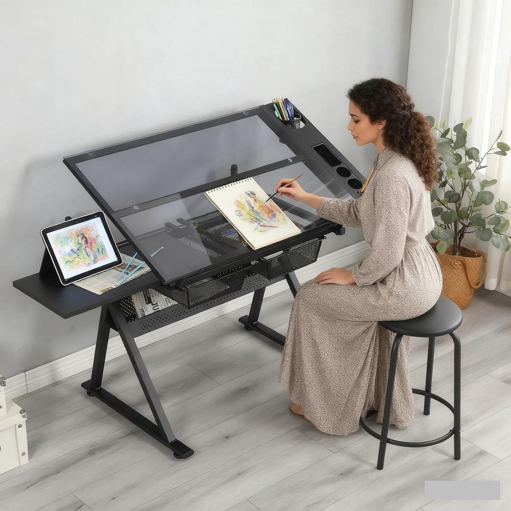 Drafting Table, Height Adjustable Art Tabe with Stool, Black | 0-75° Tilting Tempered Glass Tabletop Art Drawing Table with Compartments, Trays, Rack and Drawers for Sketching Painting