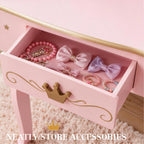 UTEX Pink Crown Princess Kids Vanity Set with Drawer for Little Girls | Wooden Toddler Vanity, Kids Vanity Table and Chair Set, Crown and Star Patterns, Gold Edge Trim, Princess Style