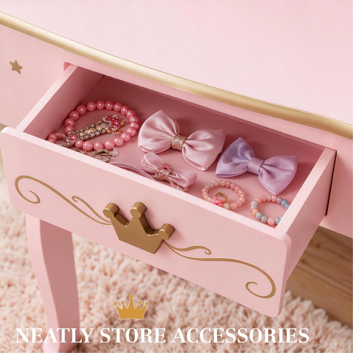 UTEX Pink Crown Princess Kids Vanity Set with Drawer for Little Girls | Wooden Toddler Vanity, Kids Vanity Table and Chair Set, Crown and Star Patterns, Gold Edge Trim, Princess Style