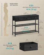SONGMICS Console Table, Narrow Sofa Table with 2 Mesh Shelves for Entryway, Living Room, 11.8 x 38.9 x 31 Inches, 3 Fabric Drawers, Ebony Black, BELLAH Collection ULGS098B201