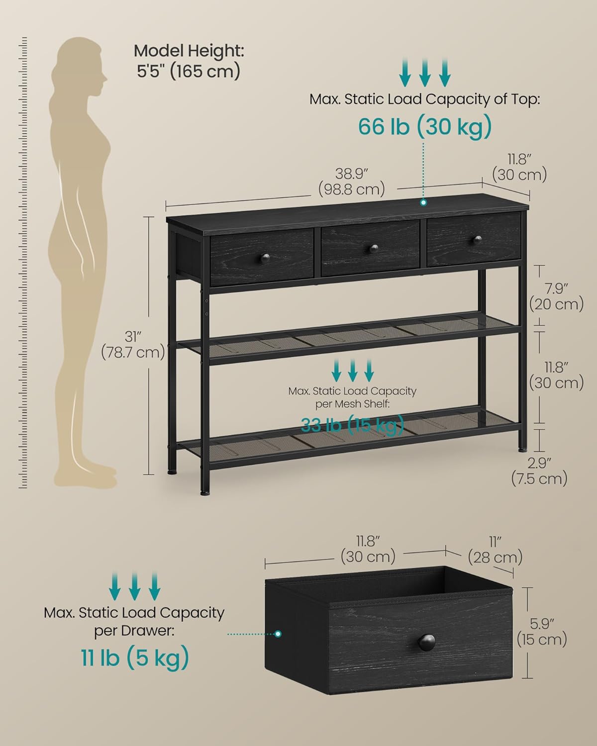 SONGMICS Console Table, Narrow Sofa Table with 2 Mesh Shelves for Entryway, Living Room, 11.8 x 38.9 x 31 Inches, 3 Fabric Drawers, Ebony Black, BELLAH Collection ULGS098B201