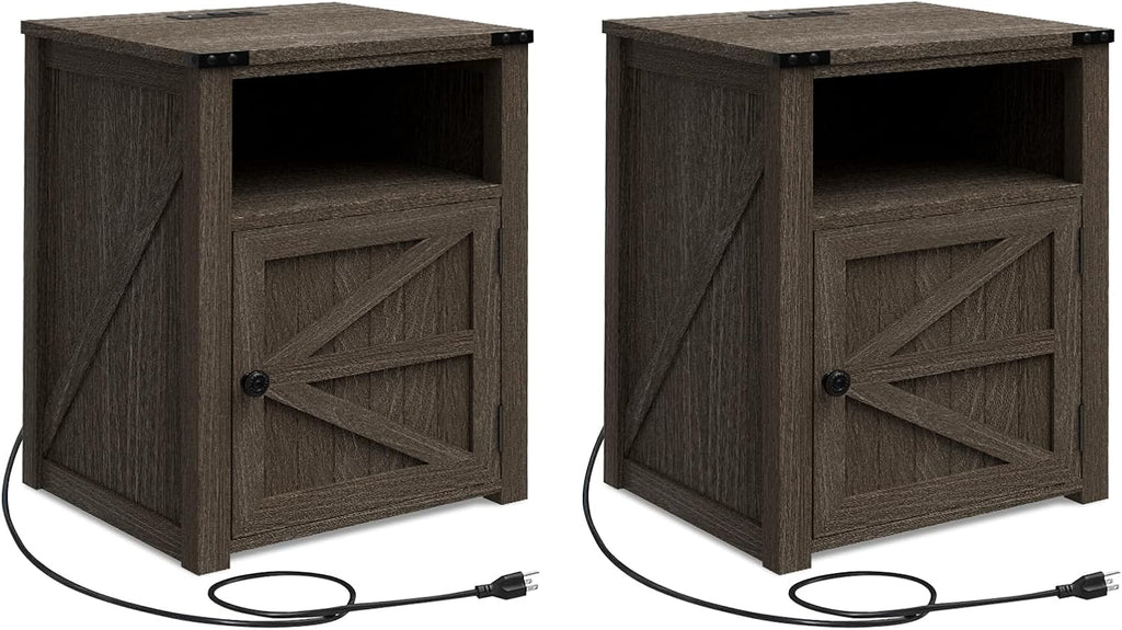 MUUEGM 24" Nightstand with Charging Station, End Table, Side Table with Door for Bedroom, Living Room, Modern Farmhouse Design, Dark Grey Bedside Table with Door Set of 2