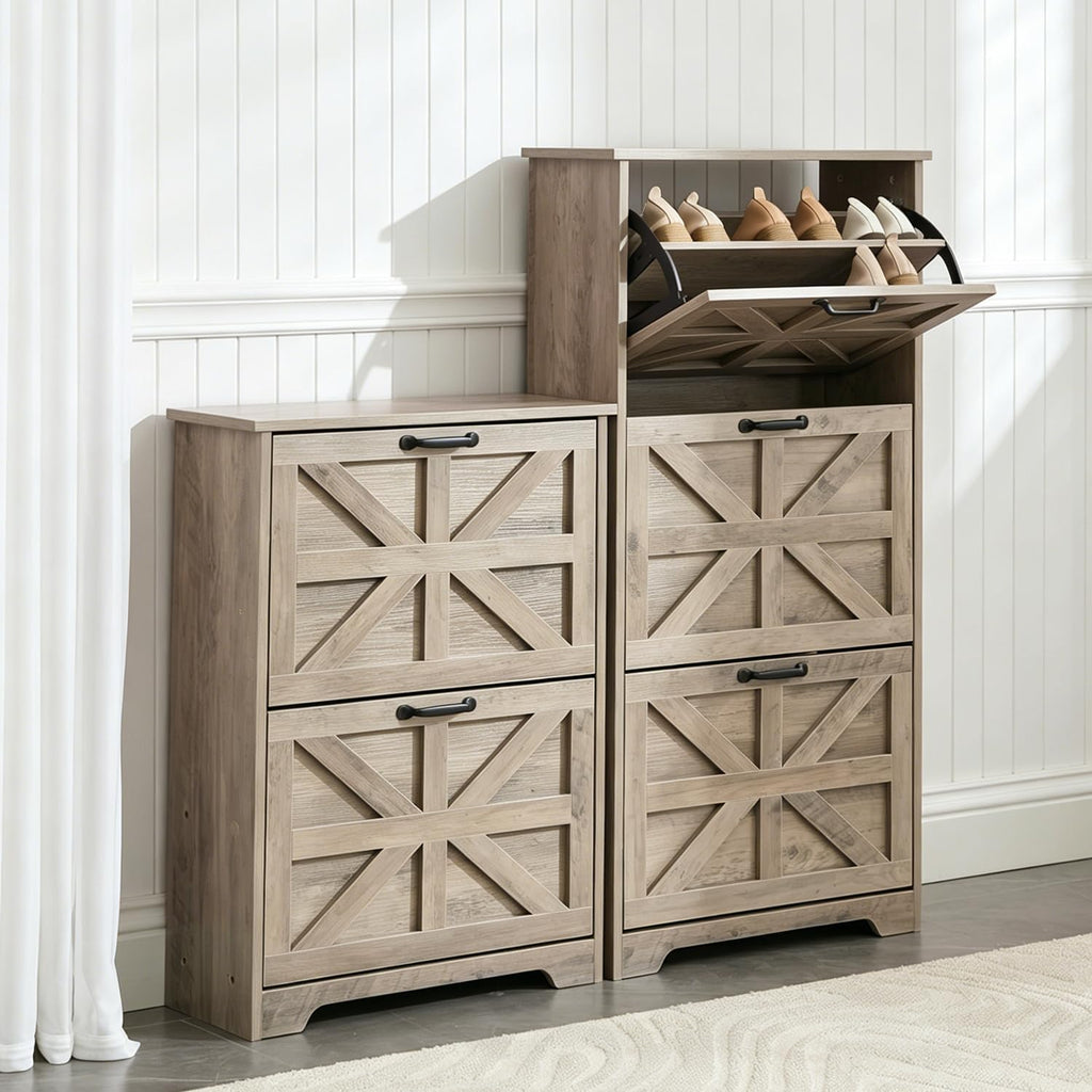 Shoe Cabinet with 2 Flip Drawers, Farmhouse Shoe Storage for Entryway, Wooden Shoe Organizer Cabinet with Adjustable Shelves, Hidden Slim Shoe Cabinet for Hallway, Living Room, Sierra