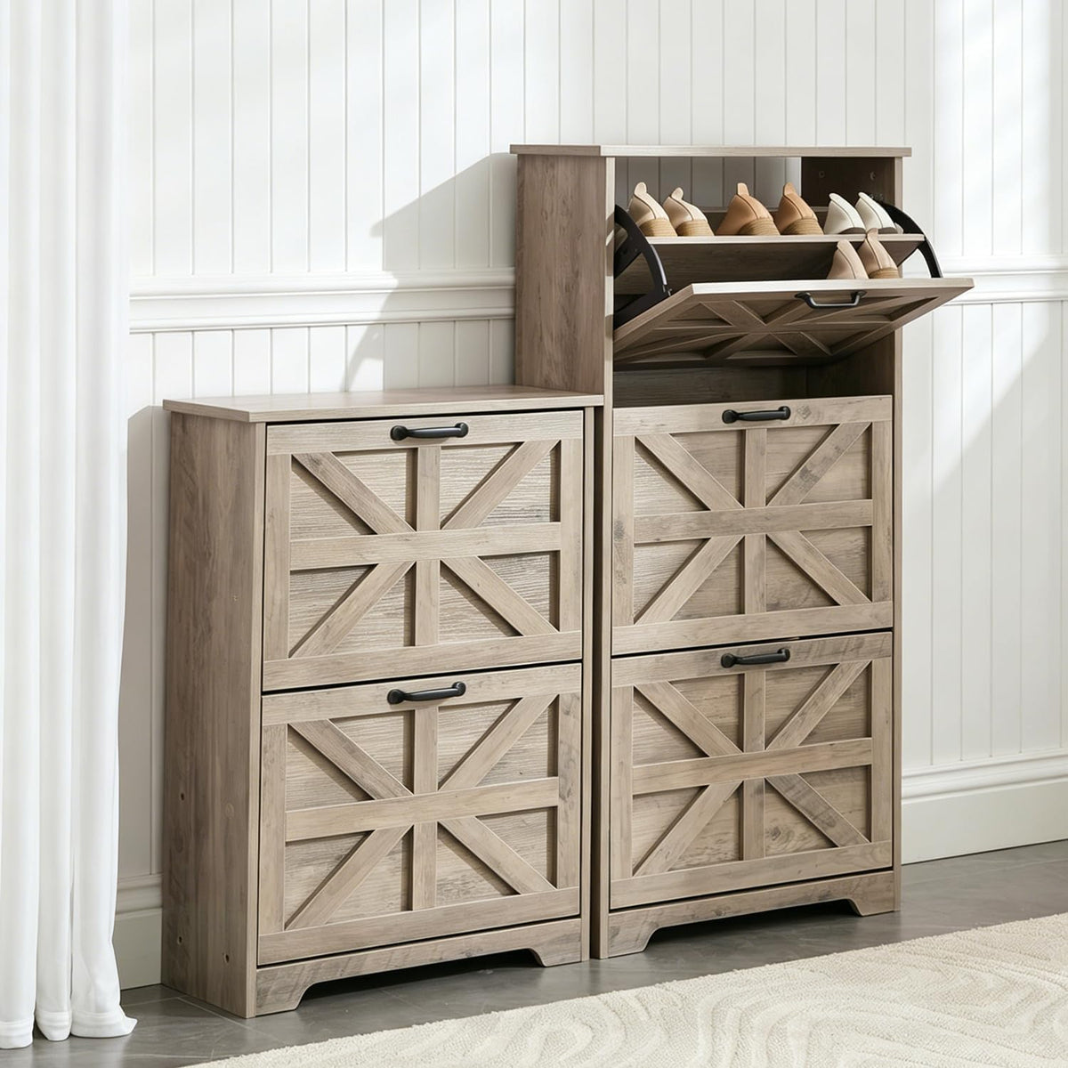 Shoe Cabinet with 2 Flip Drawers, Farmhouse Shoe Storage for Entryway, Wooden Shoe Organizer Cabinet with Adjustable Shelves, Hidden Slim Shoe Cabinet for Hallway, Living Room, Sierra