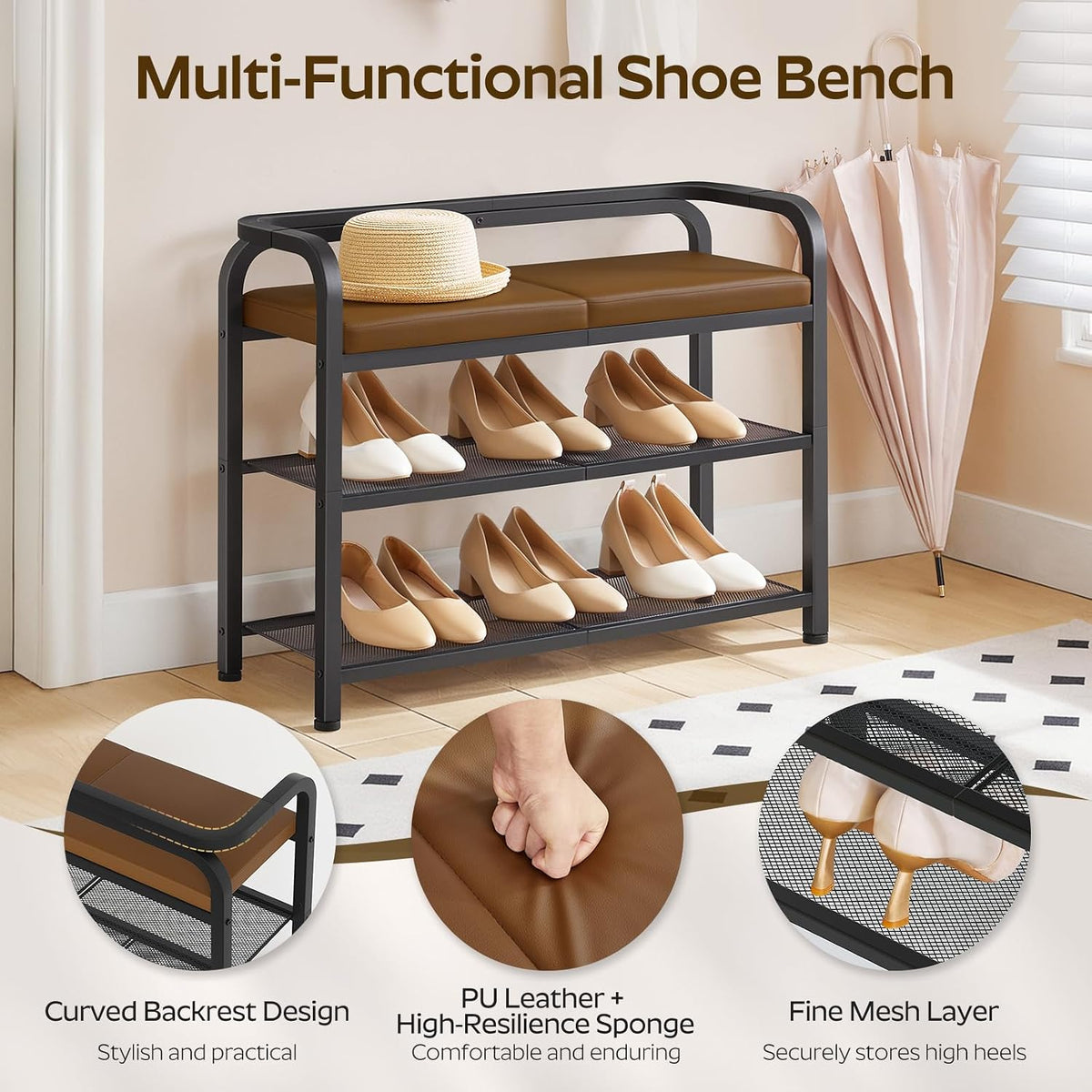 YATINEY Shoe Bench with Backrest, Entryway Bench, 2-Tier Shoe Rack with PU Padded Seat, Upholstered Shoe Storage Bench with Back, for Hallway, Entryway, Foyer, Bedroom, Brown and Black HX04BV