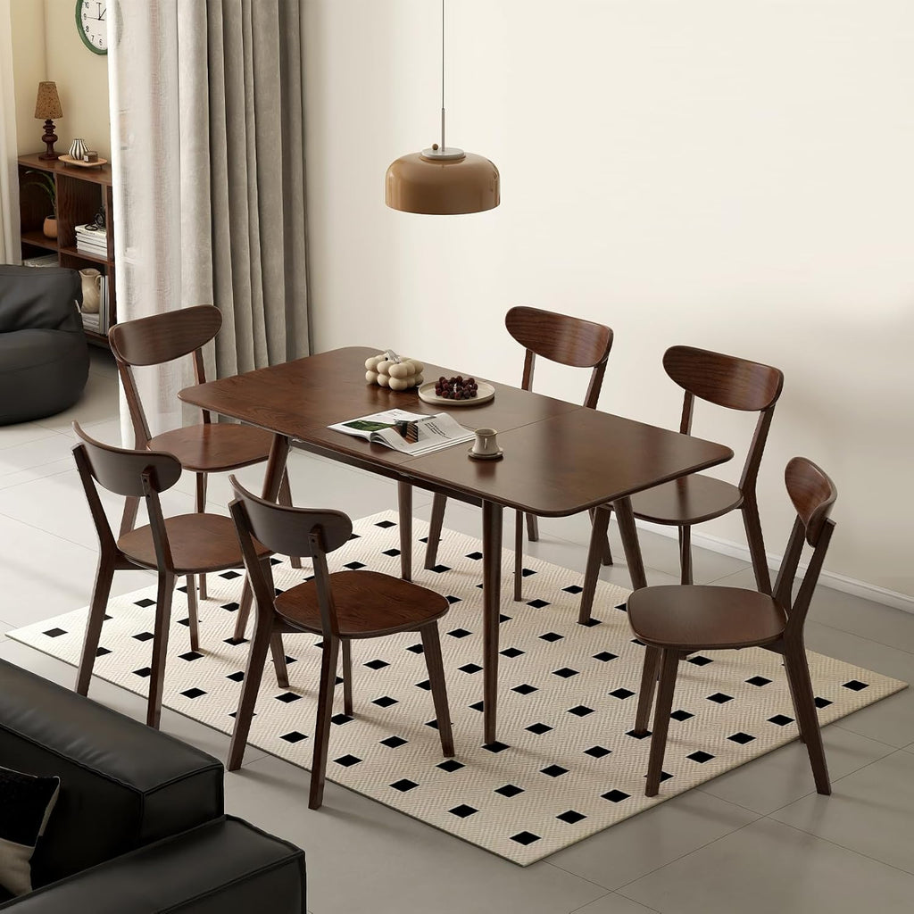 47’’-63’’ 100% Oak Extendable Dining Table, Solid Wood Folding Kitchen Table, Mid Century Modern Dinner Table for Kitchen, Apartment, Living Room (47''-63'' Walnut)