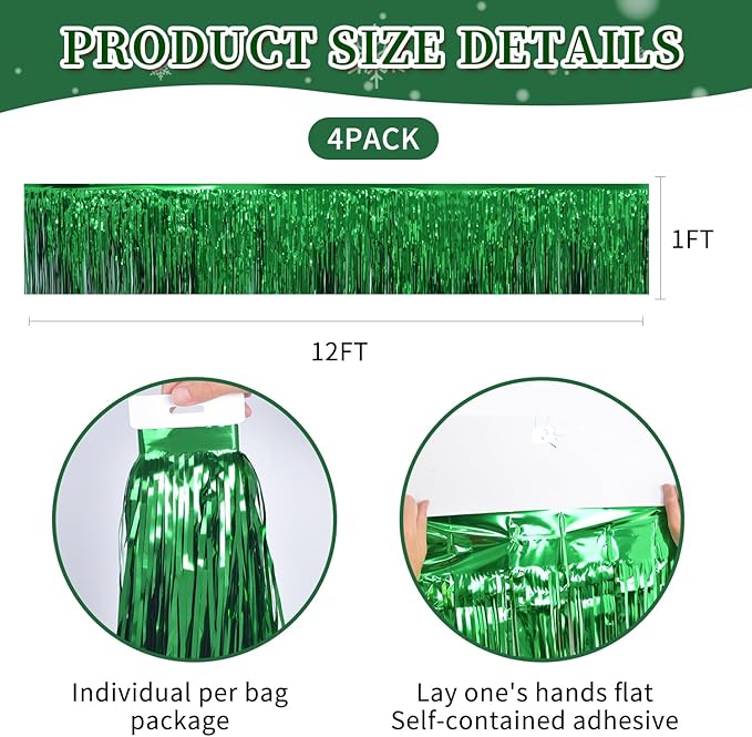 Green Christmas Decorations Tinsel Garland Parade Float Decorations for Trailer 4Pack 12FT Christmas Party Decor Ceiling Fringe Banner Green Backdrop for Streamers Party Decorations