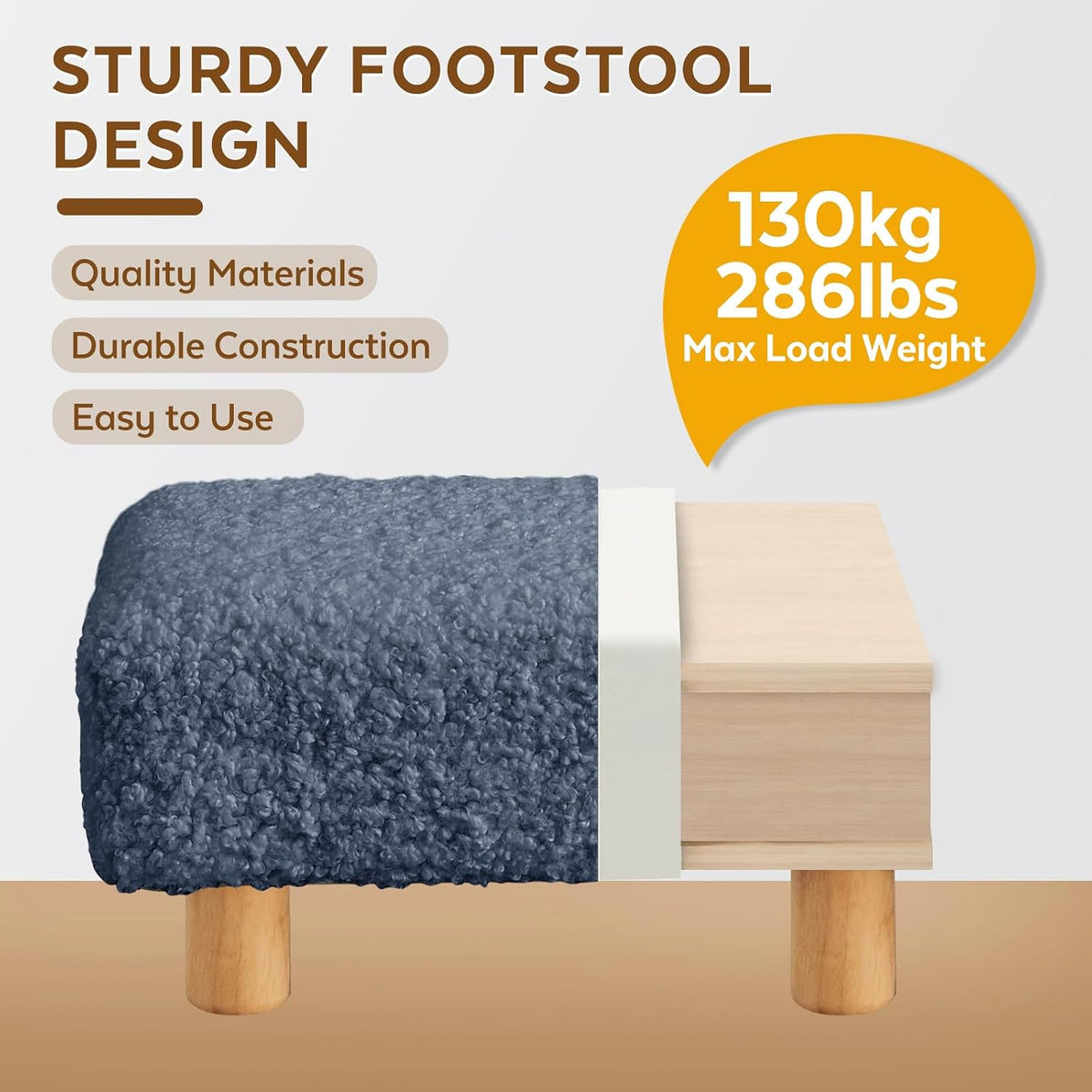 Small Foot Stool Ottoman, Sherpa Footstool Ottoman Foot Rest for Couch, Rectangle Footstools and Ottomans Small for Living Room, Entryway and Bedroom (Navy Blue)