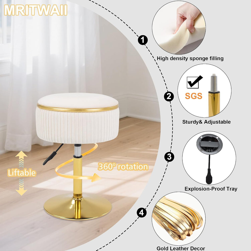 Adjustable Vanity Stool, Velvet Makeup Stool with Storage Beige | Small Vanity Chair, 360° Swivel Round Ottoman with Gold Base for Living Room, Bedroom
