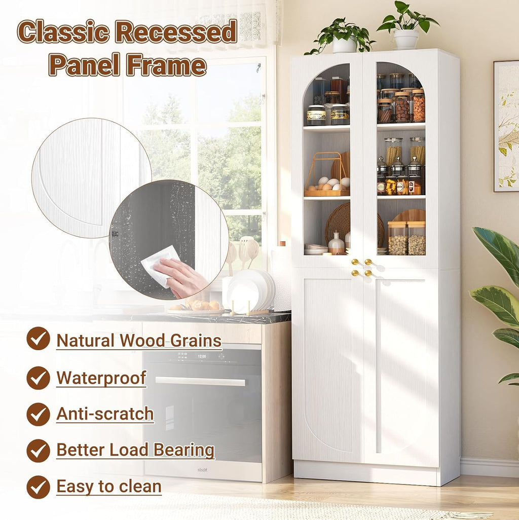 Cyclysio 80" Kitchen Pantry Cabinet with Tempered Glass & Soft Close Doors | Tall Arch Storage Cabinet, Freestanding Wood Floor Cupboard Bookcase with Seamless Fit Wall for Dining Living Room, Bathroom