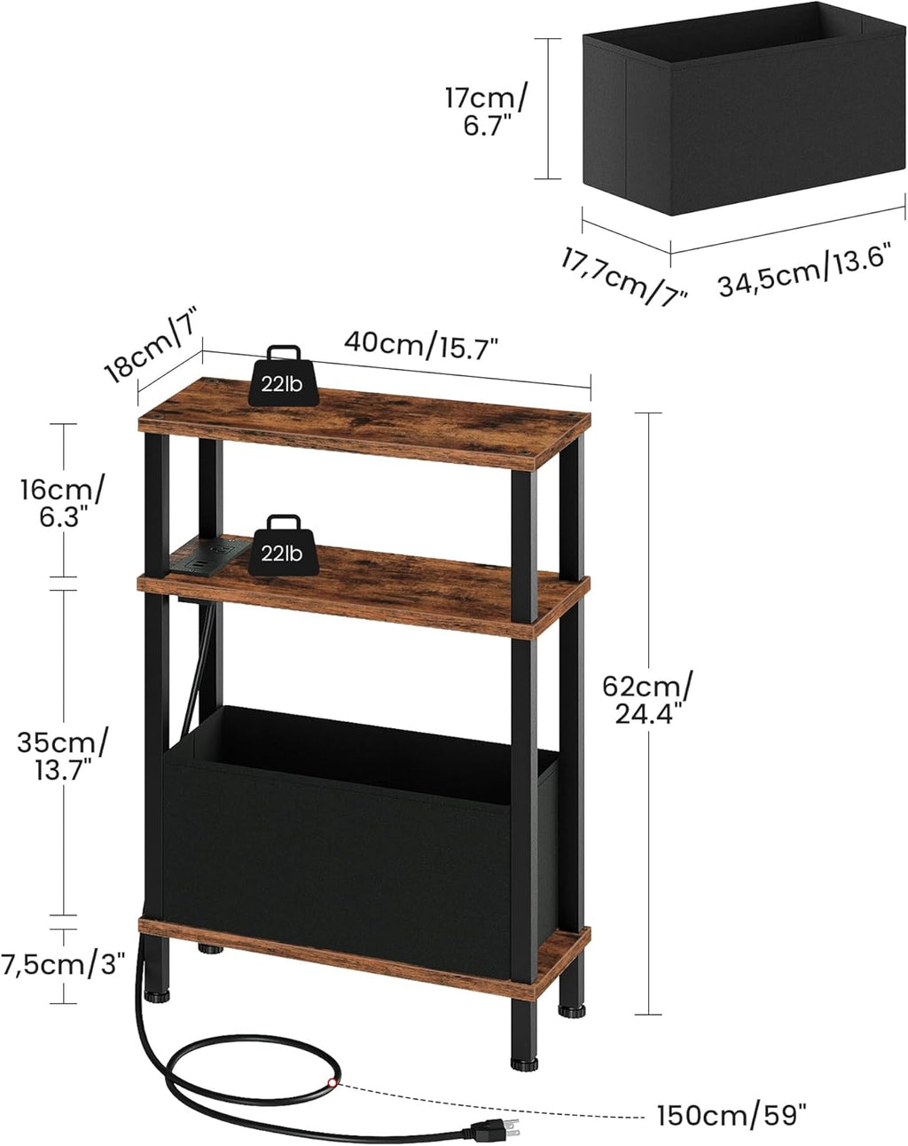 CHOEZON Narrow Side Table and Mini Fridge Stand with Storage, Skinny End Table with Fabric Basket, Mini Fridge Cabinet with Mobile Basket Cart, for Living Room, Bedroom, Rustic Brown TBZ07UBF-TBZ55BF