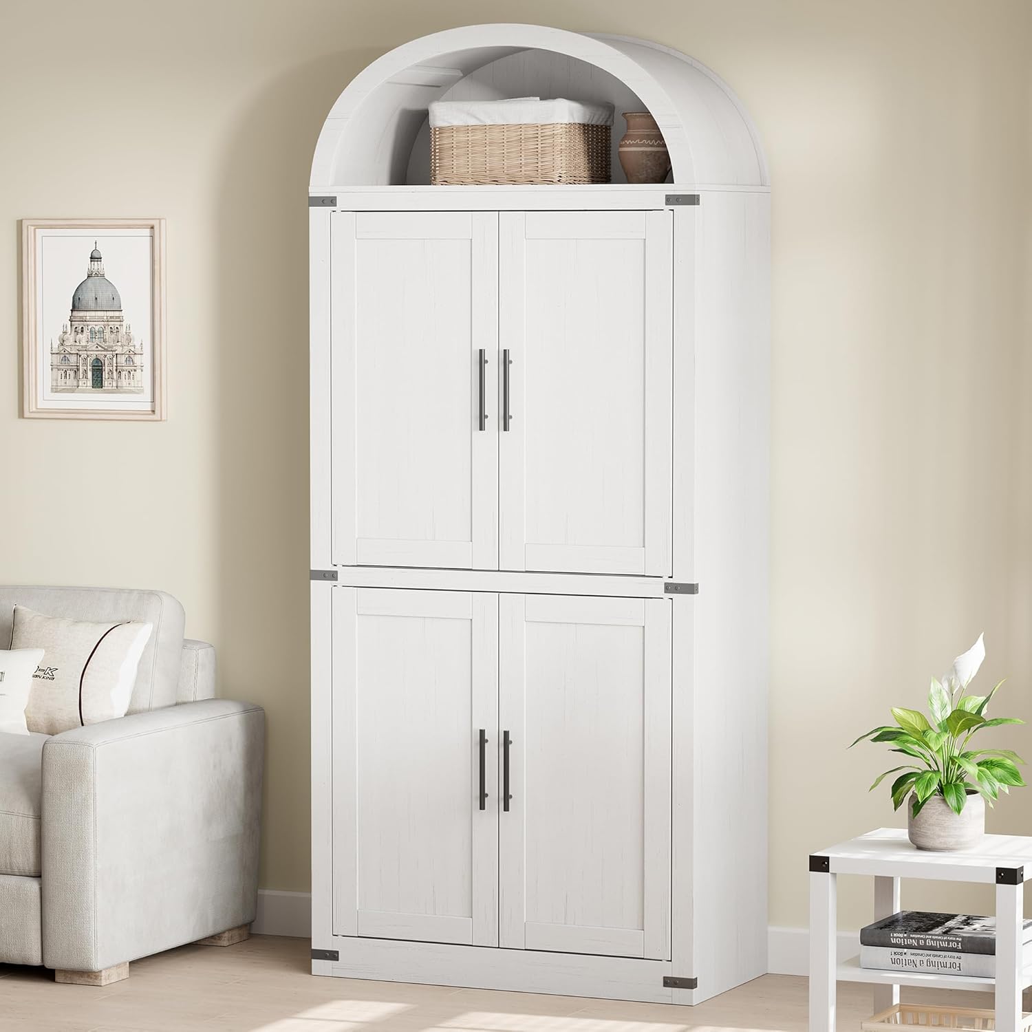 Arched Storage Cabinet 71.6" Tall Storage Pantry, Farmhouse Pantry White Kitchen Cabinet withDoors, 5 Tier Kitchen Cabinets for Dining Room Rustic White