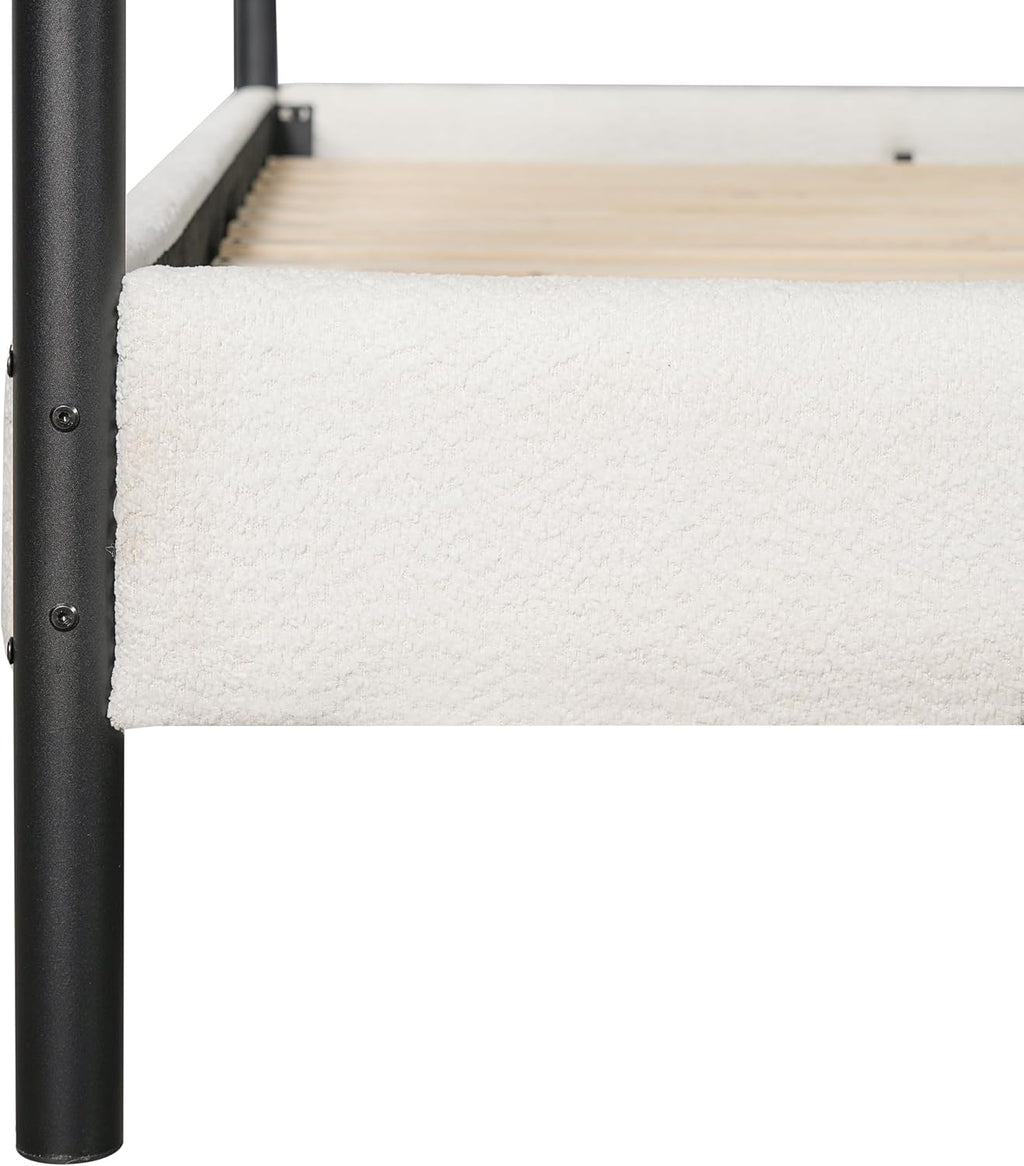 Christopher Knight Home Queen Size Upholstered Canopy Bed Frame with Boucle Fabric, Curved Headboard and Iron Legs, Modern Platform Bed Frame with Slats No Box Spring Needed, White