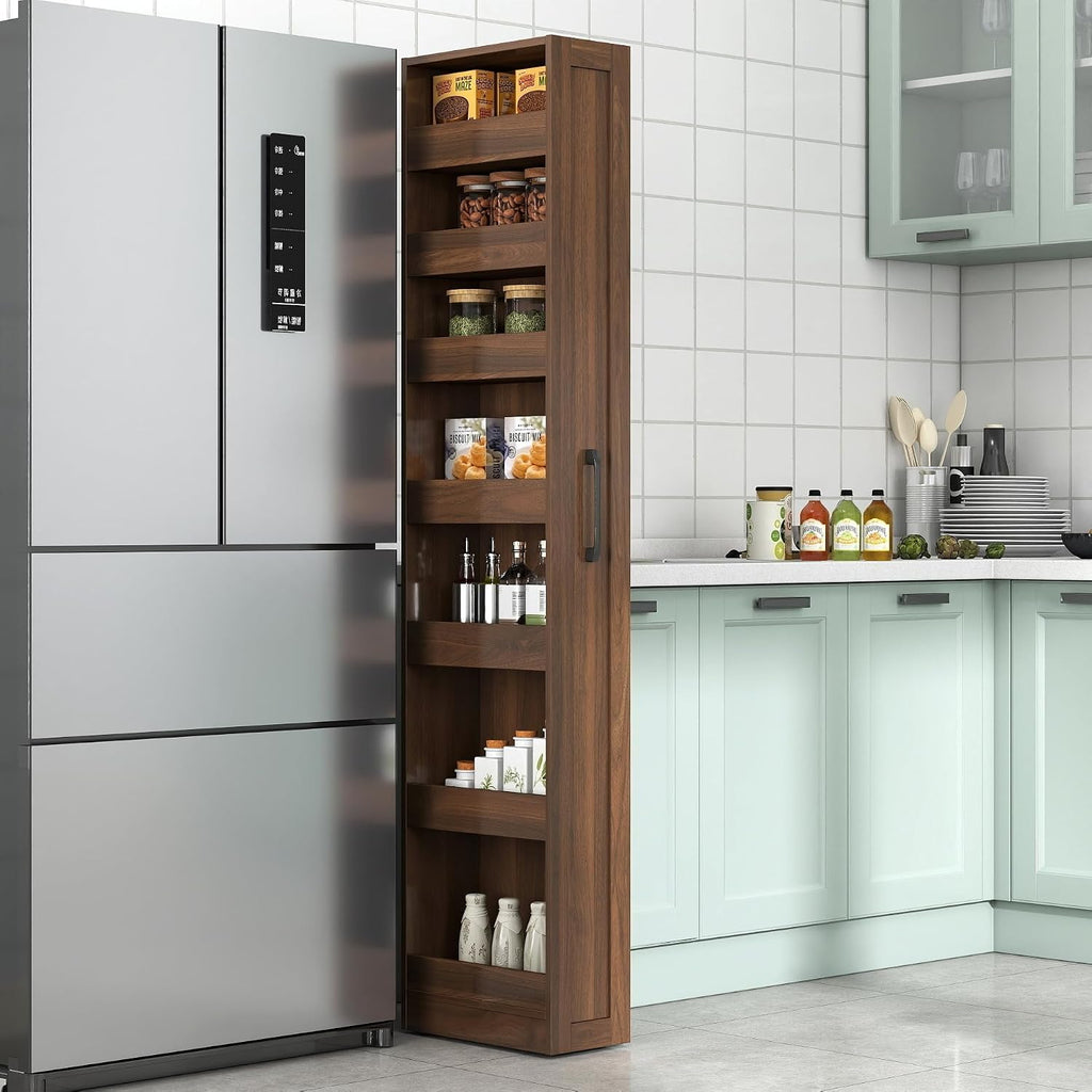 KEIKI 7 Tier Pull-Out Kitchen Pantry Storage Cabinet, Multi-Tier Single-sided Open Shelf, Spice Rack Next to Fridge, Freestanding Wood Hutch Food Pantries Cupboard for Dining Room, Narrow Spaces