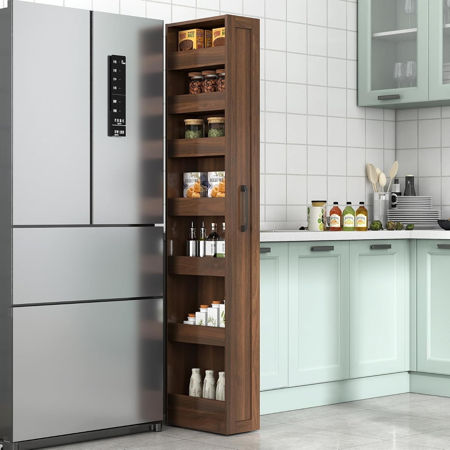 KEIKI 7 Tier Pull-Out Kitchen Pantry Storage Cabinet, Multi-Tier Single-sided Open Shelf, Spice Rack Next to Fridge, Freestanding Wood Hutch Food Pantries Cupboard for Dining Room, Narrow Spaces