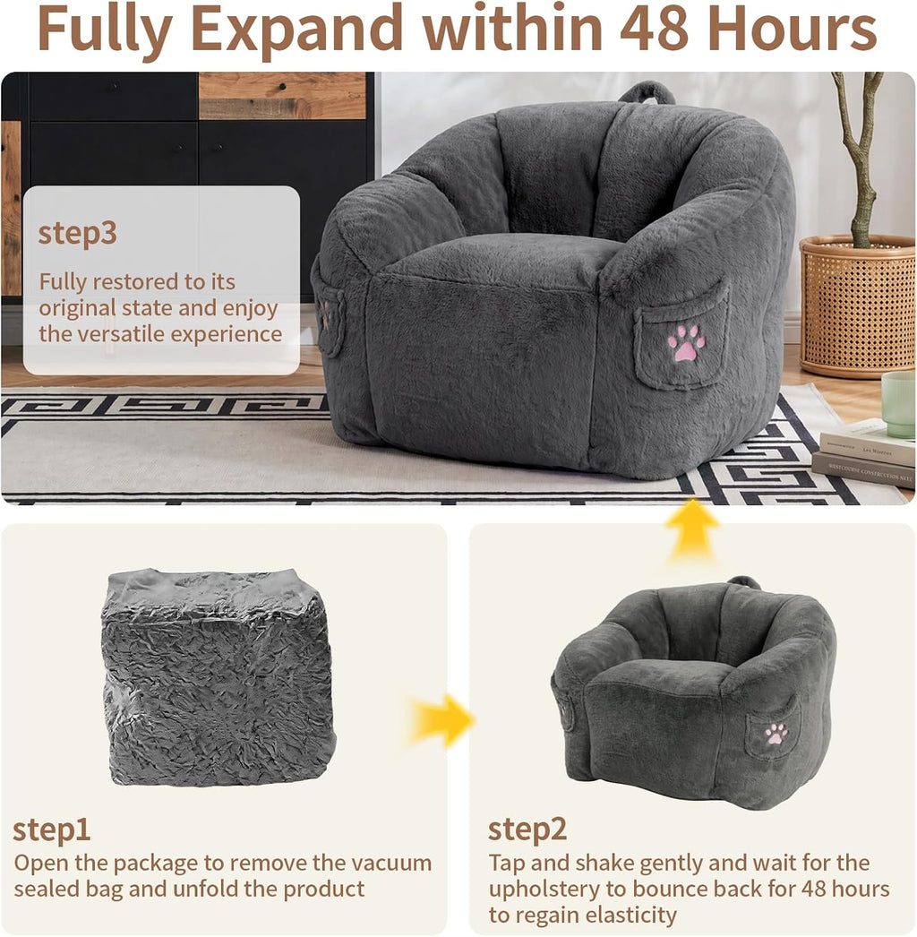 Vipbear Cat Paw Bean Bag Chair, Oversized Air-Cushion Sofa Chair Dark Gray | 39", air-cushion filling, cat paw Pocket, carry handle, oversized firm support, ergonomic, plush faux fur, gaming, reading