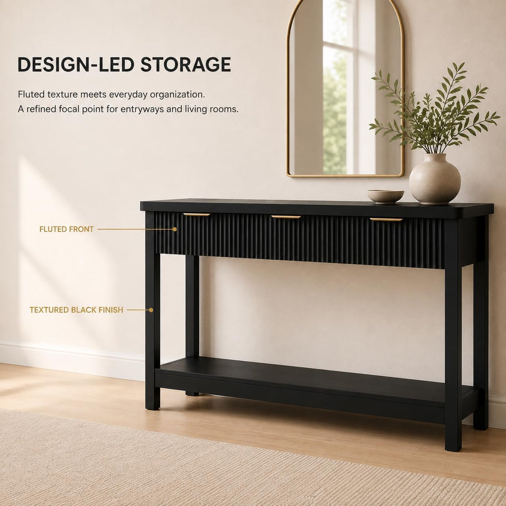 Lulive Fluted Console Table, 51 Inch Entryway Table with 3 Drawers | Scandi farmhouse look with quiet full-extension slides, open lower shelf, profile for hallway, entry, foyer or behind sofa.