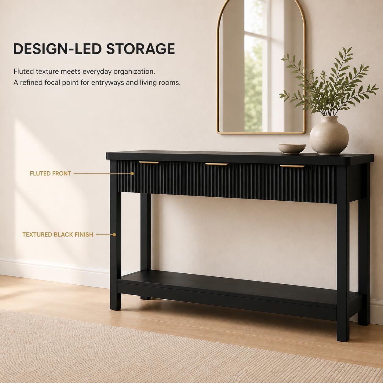 Lulive Fluted Console Table, 51 Inch Entryway Table with 3 Drawers | Scandi farmhouse look with quiet full-extension slides, open lower shelf, profile for hallway, entry, foyer or behind sofa.
