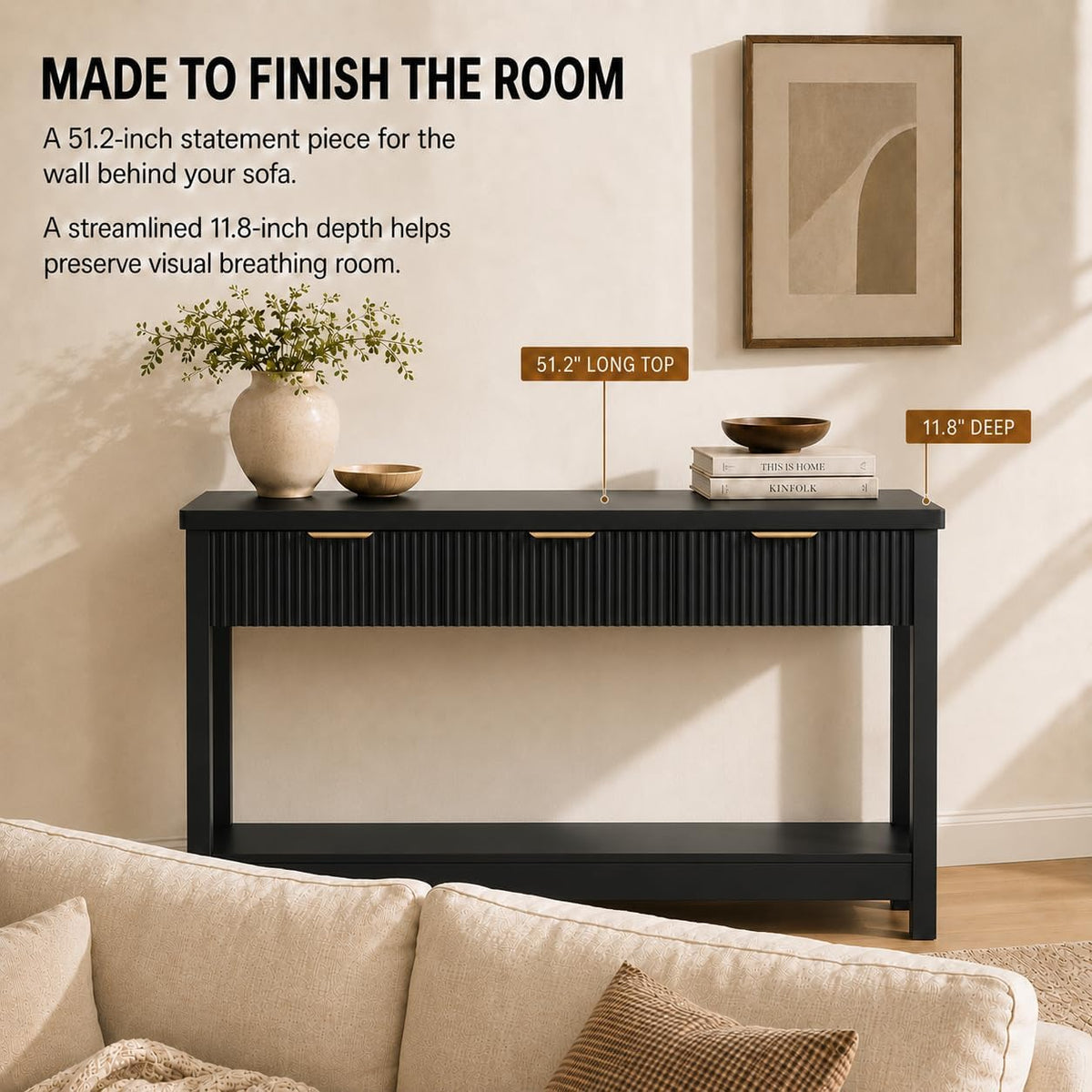 Lulive Fluted Console Table, 51 Inch Entryway Table with 3 Drawers | Scandi farmhouse look with quiet full-extension slides, open lower shelf, profile for hallway, entry, foyer or behind sofa.