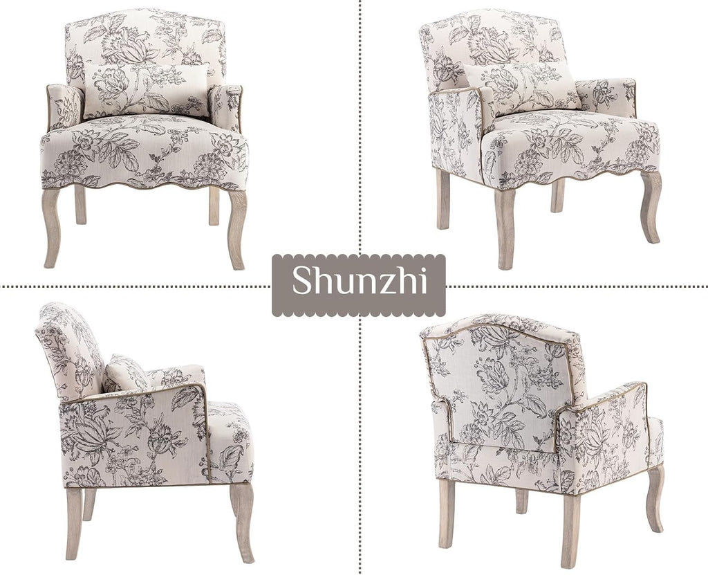 Shunzhi Floral Accent Chairs Farmhouse Upholstered Armchair Linen Reading Chair Mid Century Modern Single Sofa Chair with Pillow for Bedroom/Living Room/Fireplace, Beige, 1PC