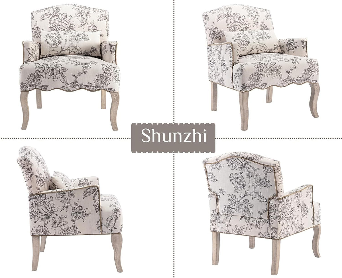 Shunzhi Floral Accent Chairs Farmhouse Upholstered Armchair Linen Reading Chair Mid Century Modern Single Sofa Chair with Pillow for Bedroom/Living Room/Fireplace, Beige, 1PC