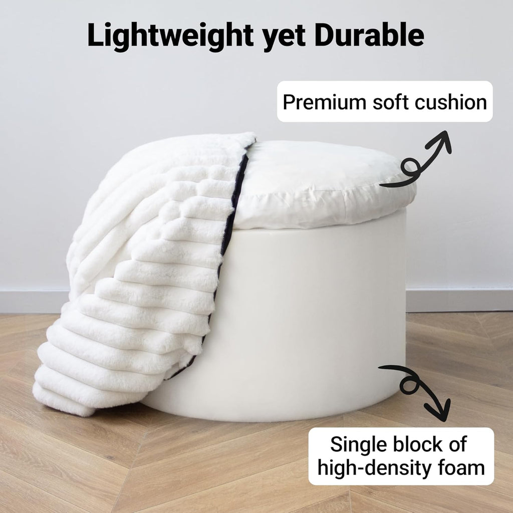 Round Stuffed Pouf Ottoman, Stripe Faux Fur Footrest, Solid Block Support+Soft Cushion Comfort, Removable Washable Cover, 20" Floor Pouf for Living Room Bedroom Dorm Vanity, Cream Beige