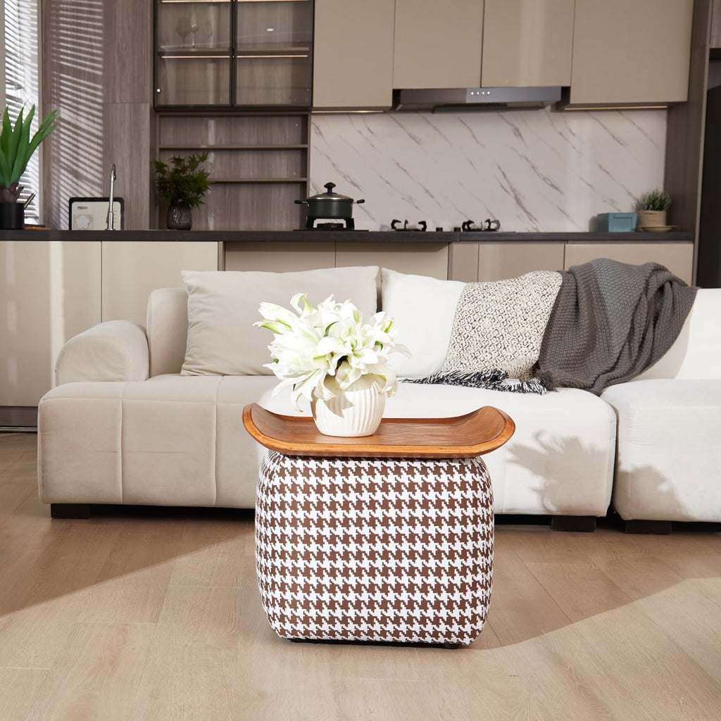 zyz 21 Inch Square Storage Ottoman Coffee Table, Modern Ottoman with Flip-Top Lidm, Solid Wood Panel, Houndstooth Fabric Footstool, Accent Ottoman for Living Room, Bedroom, Corners, Entryways (Brown)