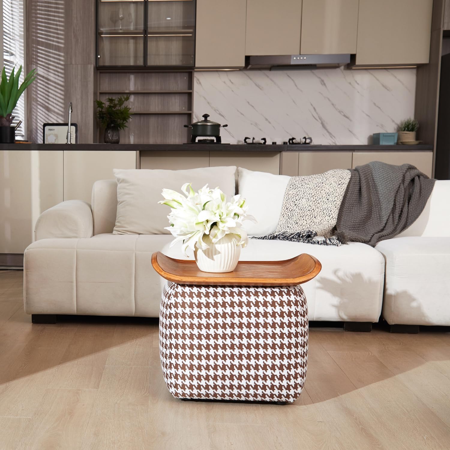 zyz 21 Inch Square Storage Ottoman Coffee Table, Modern Ottoman with Flip-Top Lidm, Solid Wood Panel, Houndstooth Fabric Footstool, Accent Ottoman for Living Room, Bedroom, Corners, Entryways (Brown)