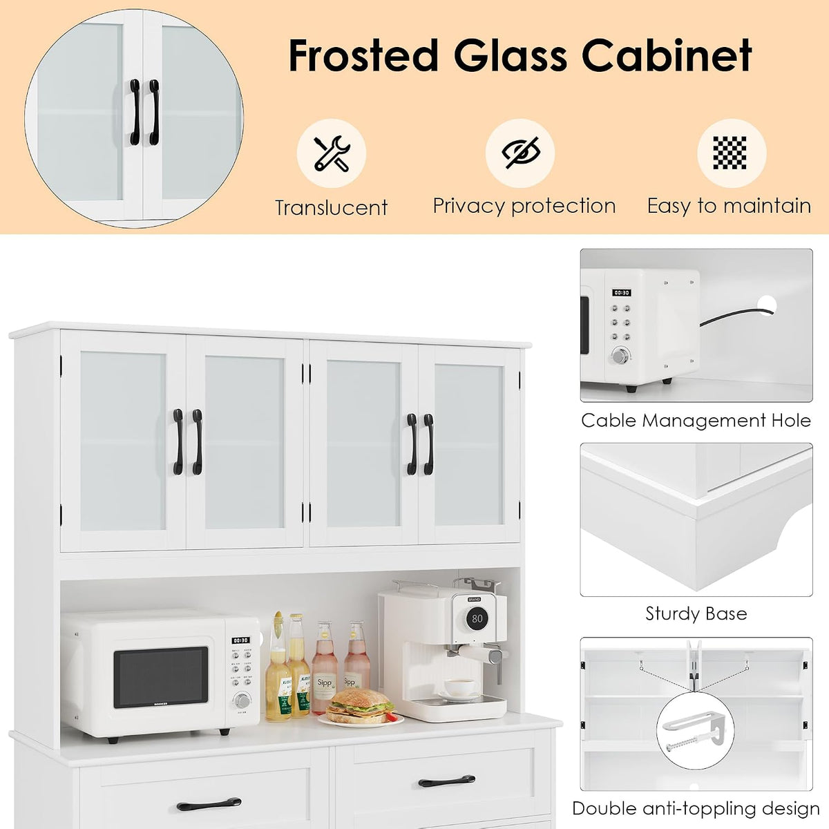 BOTLOG 71" Large Pantry Storage Cabinet with Microwave Stand | Tall Hutch Cabinet with Glass Doors 8 Storage Compartments for Dining Room, Modern White