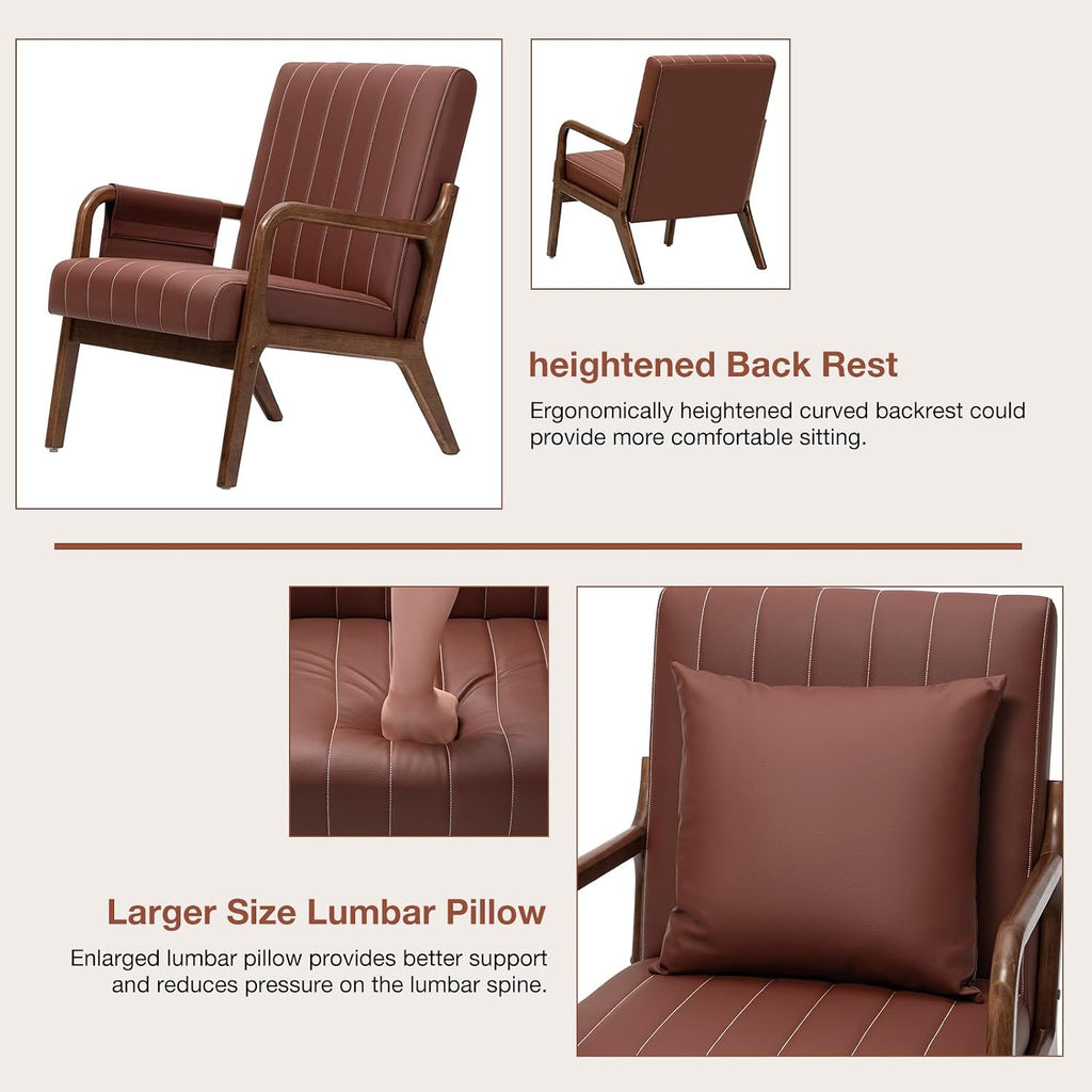 HOMMPA Mid-Century Modern Accent Chair, Comfy Reading Armchair with Solid Wood Frame & Lumbar Pillow, Upholstered Linen Lounge Chair with Side Pocket for Living Room, Bedroom,Balcony (Brown)