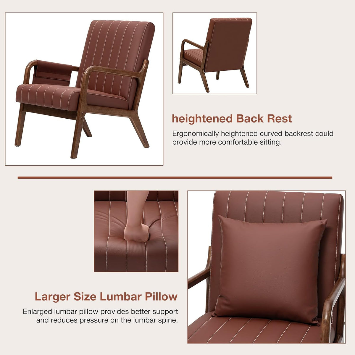 HOMMPA Mid-Century Modern Accent Chair, Comfy Reading Armchair with Solid Wood Frame & Lumbar Pillow, Upholstered Linen Lounge Chair with Side Pocket for Living Room, Bedroom,Balcony (Brown)