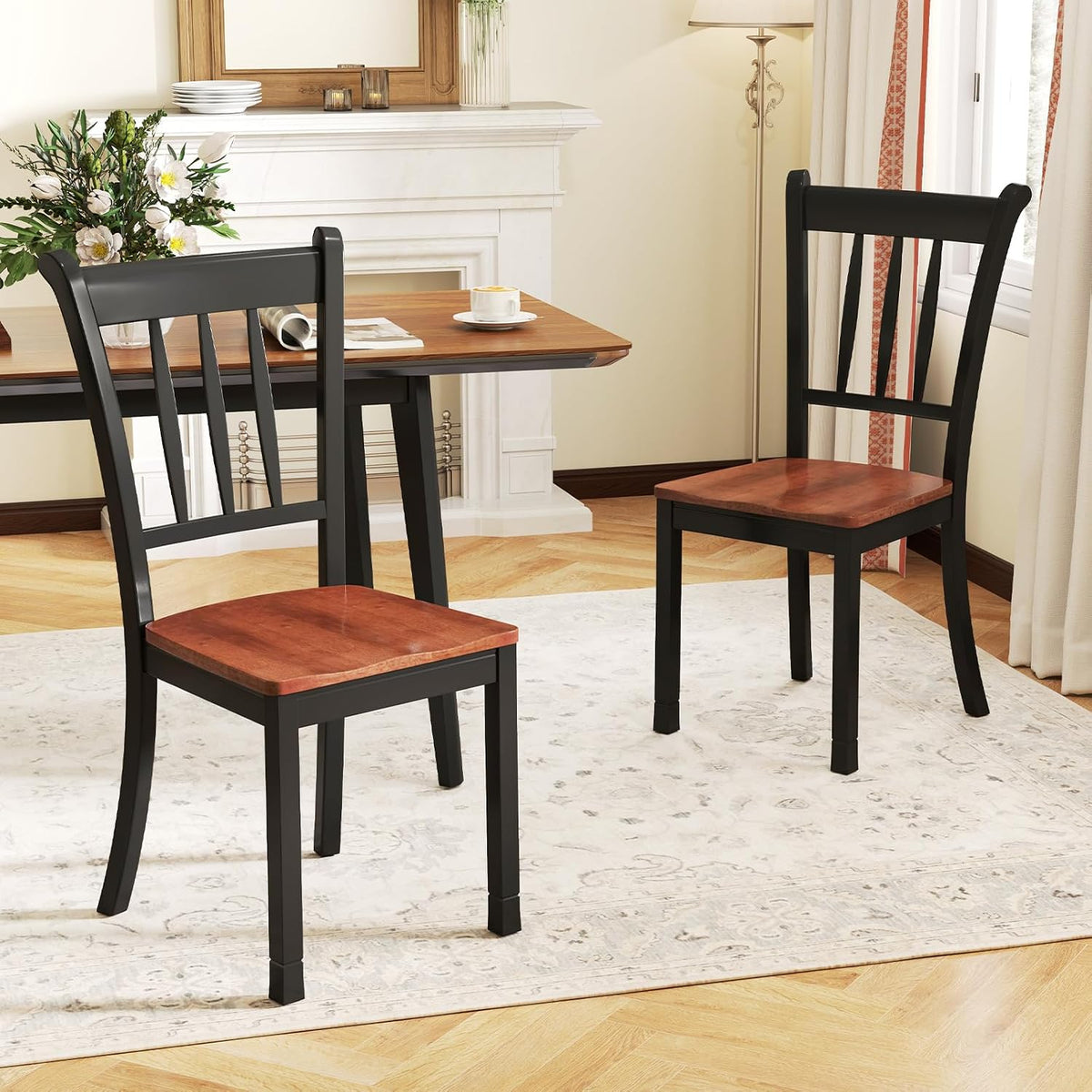 POWERSTONE Dining Chairs Set of 6, Rubberwood Kitchen Chairs, Black | Farmhouse Dining Chairs with W-Shaped Seat & Spindle High Back for Dining Room, Cafe, Canteen