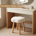 Cmishe Cloud Vanity Stool with Solid Beech Wood Legs, Boucle Makeup Chair for Bedroom, Flower Shaped Upholstered Ottoman, Cute Dressing Stool for Girls & Dorm, Cream White