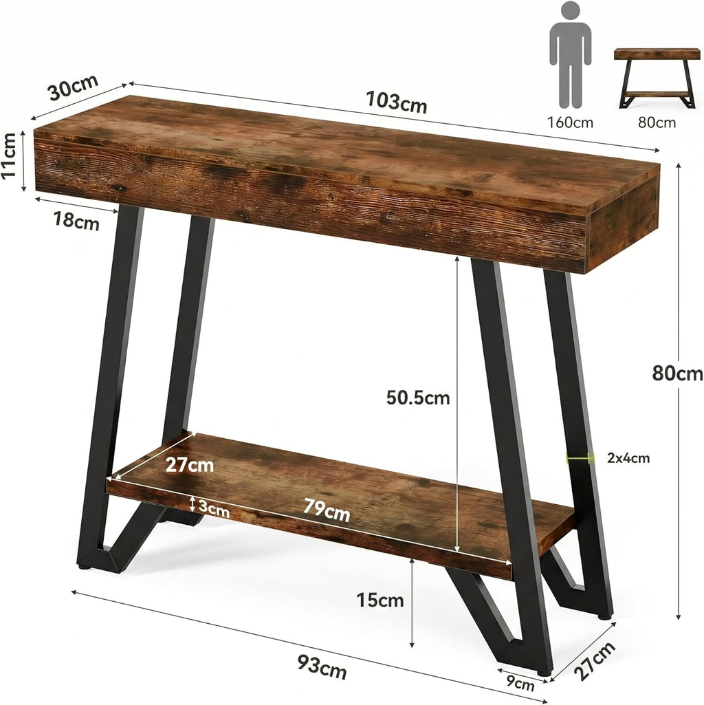 LITTLE TREE 41-Inch Console Table with Geometric Metal Frame, Rustic Brown, Entryway Tables, Storage Shelves, 2-Tier, Industrial, Hallway Sofa Table, Accent Table, Living Room