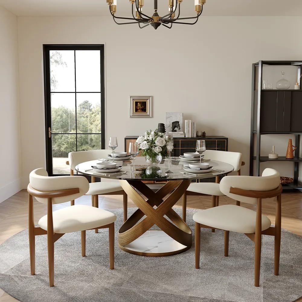 POVISON 51" Modern Round Dining Table, Glass Round Kitchen Table for 4, Tempered Glass Dining Room Table top with Bronze X Carbon Steel Base (Dining Table Only)