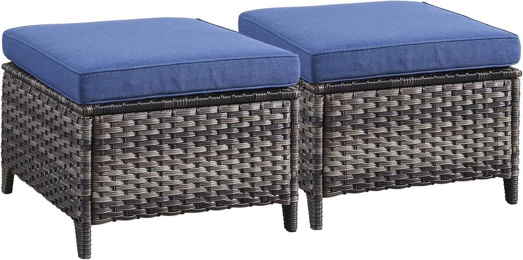 Outdoor Ottomans Patio Foot Rest - 2 Piece Wicker Rattan Ottoman Footrests Footstools with Comfortable Cushions for Patio Porch Deck Balcony Garden(Mixed Grey Wicker/Blue Cushion)