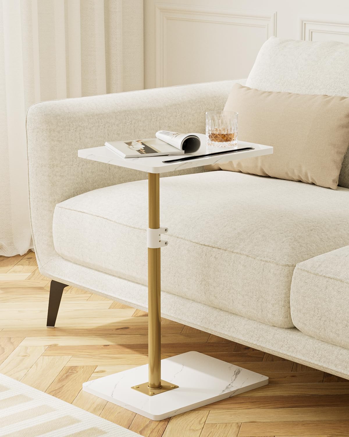 Masupu Sofa Arm Tray Table - 360° Swivel Height Adjustable End Table, Small Snack Side Table for Couch, C Shaped Table for Bed, Chair or TV Tray Table(Marble White and Gold)