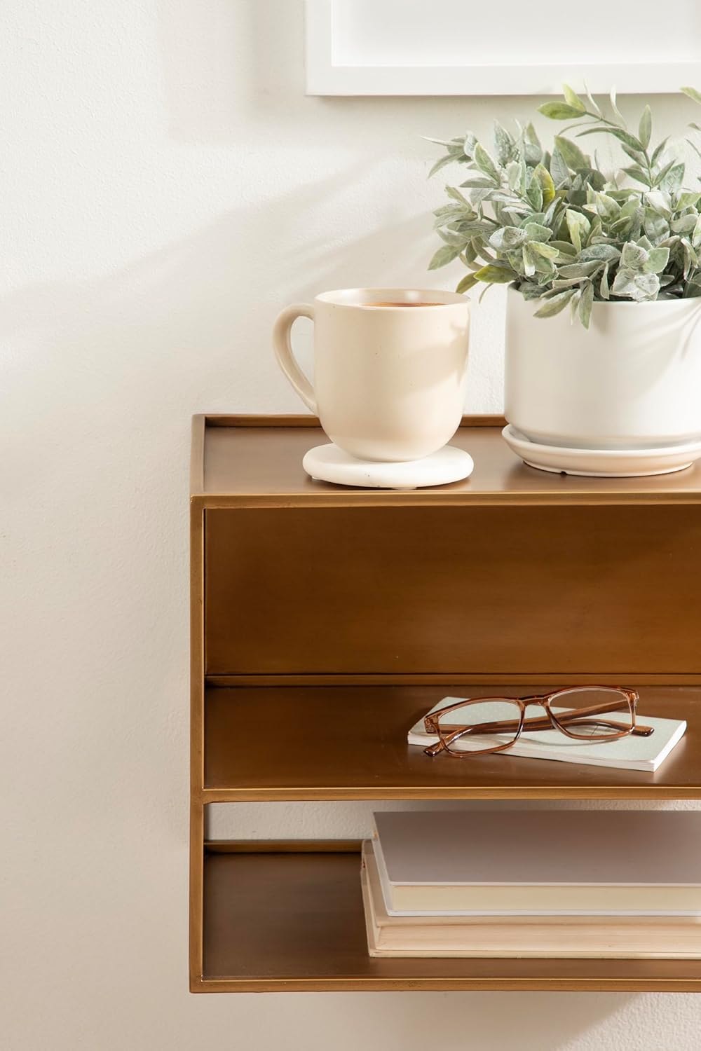 Kate and Laurel Nomi Modern Metal Floating Side Table with Storage, 18 x 10 x 12, Gold, Contemporary Tiered Floating End Table for Use as Wall Shelf for Small Spaces