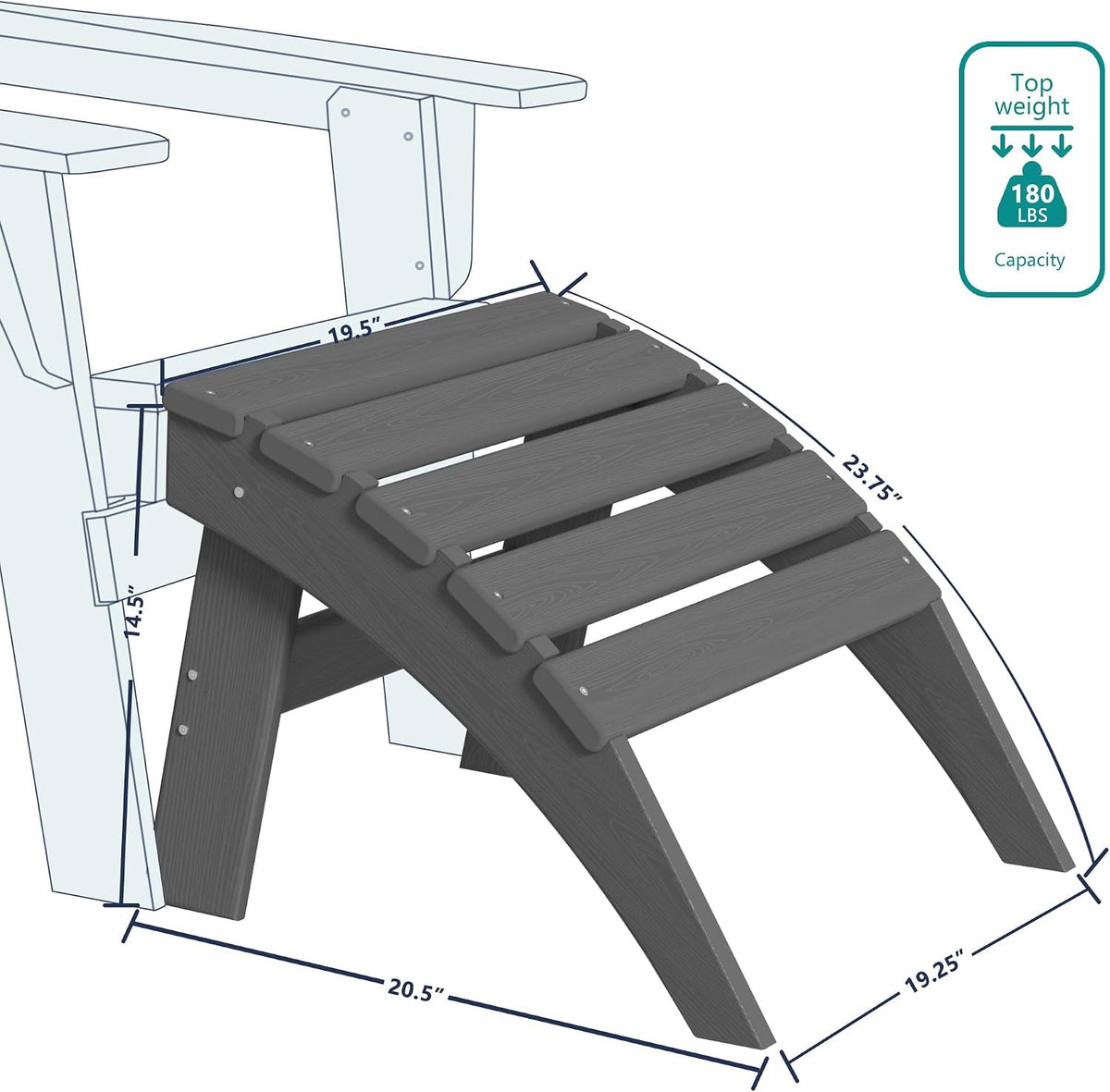 Plawdlik Folding Ottoman for Adirondack Chair–HDPE All-Weather Footrest for Outdoor Use, Garden & Poolside– Anti-Cracking, Fade-Resistant, Easy Assembly–Grey