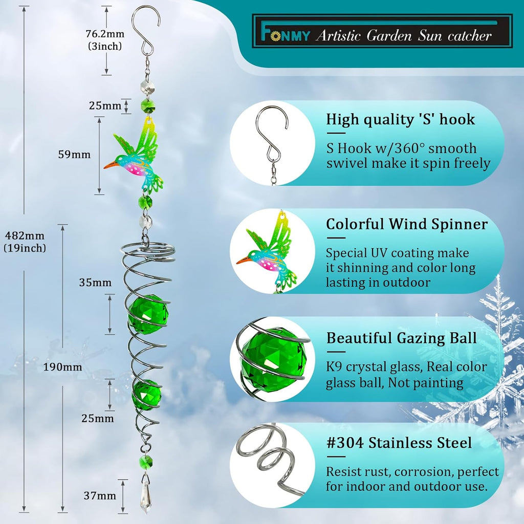 FONMY Hummingbird Gazing Ball Spiral Wind Spinner Sun Catcher Rainbow Maker Silver Spiral W/ K9 Green Crystal Ball Tree Hanging Ornament Indoor Outdoor Garden Decor. -19.5inch H