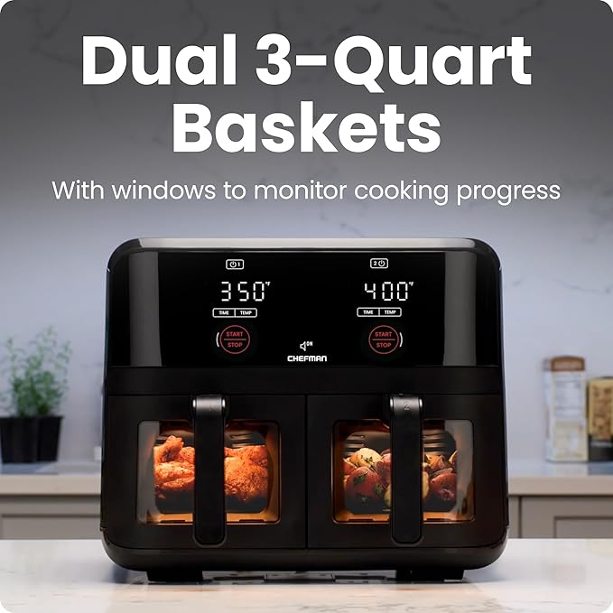 CHEFMAN 6 Quart Dual Basket Air Fryer Oven with Easy View Windows, Sync Finish, Hi-Fry, Auto Shutoff, 2 Independent 3Qt Nonstick Dishwasher Safe Frying Baskets, Digital Double Air Fryer - Black