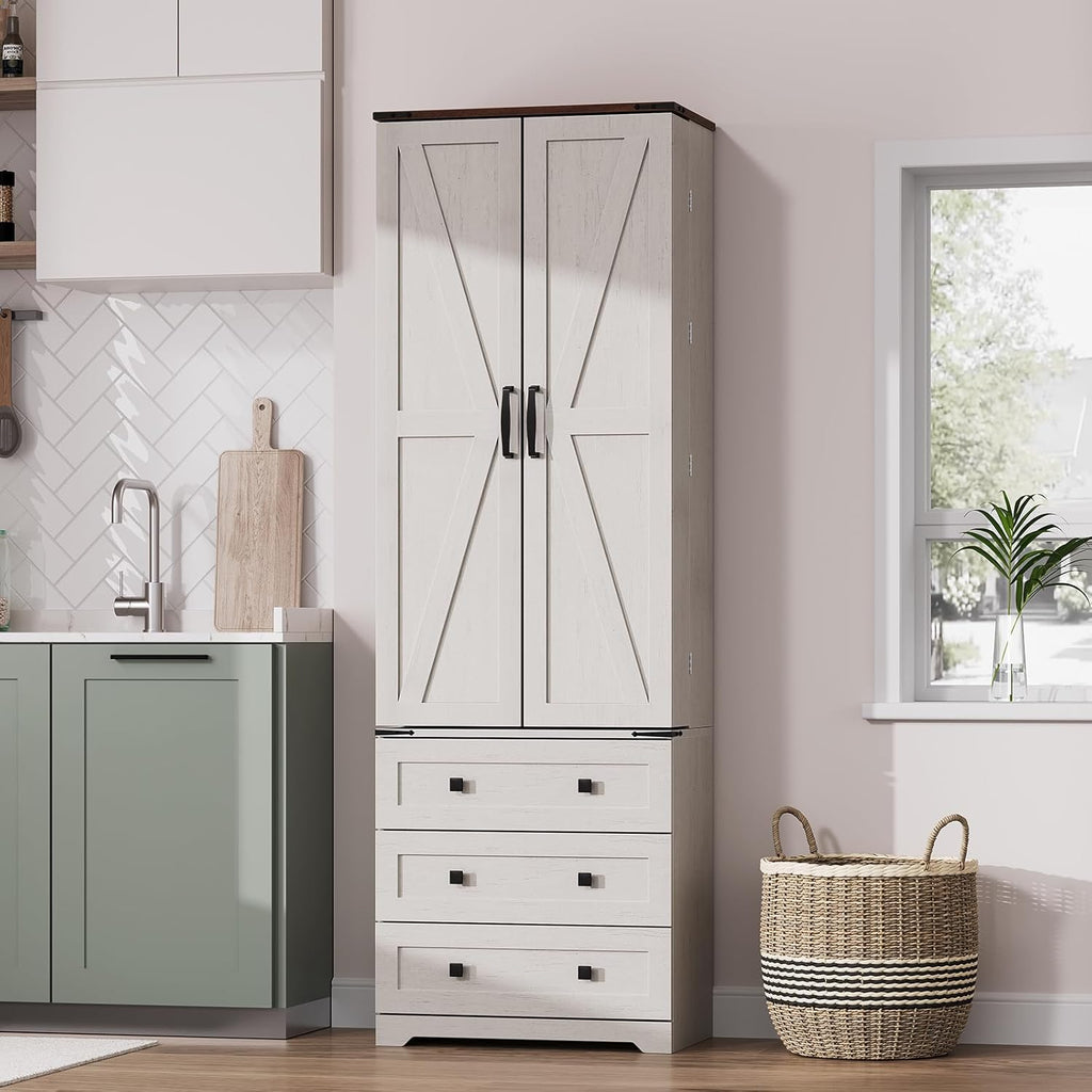 72'' Tall Kitchen Pantry Cabinet, Freestanding Tall Cupboard Storage Cabinet with 2 Barn Doors & 3 Drawers, Adjustable Shelves, Large Farmhouse Pantries for Living Room, Dining Room