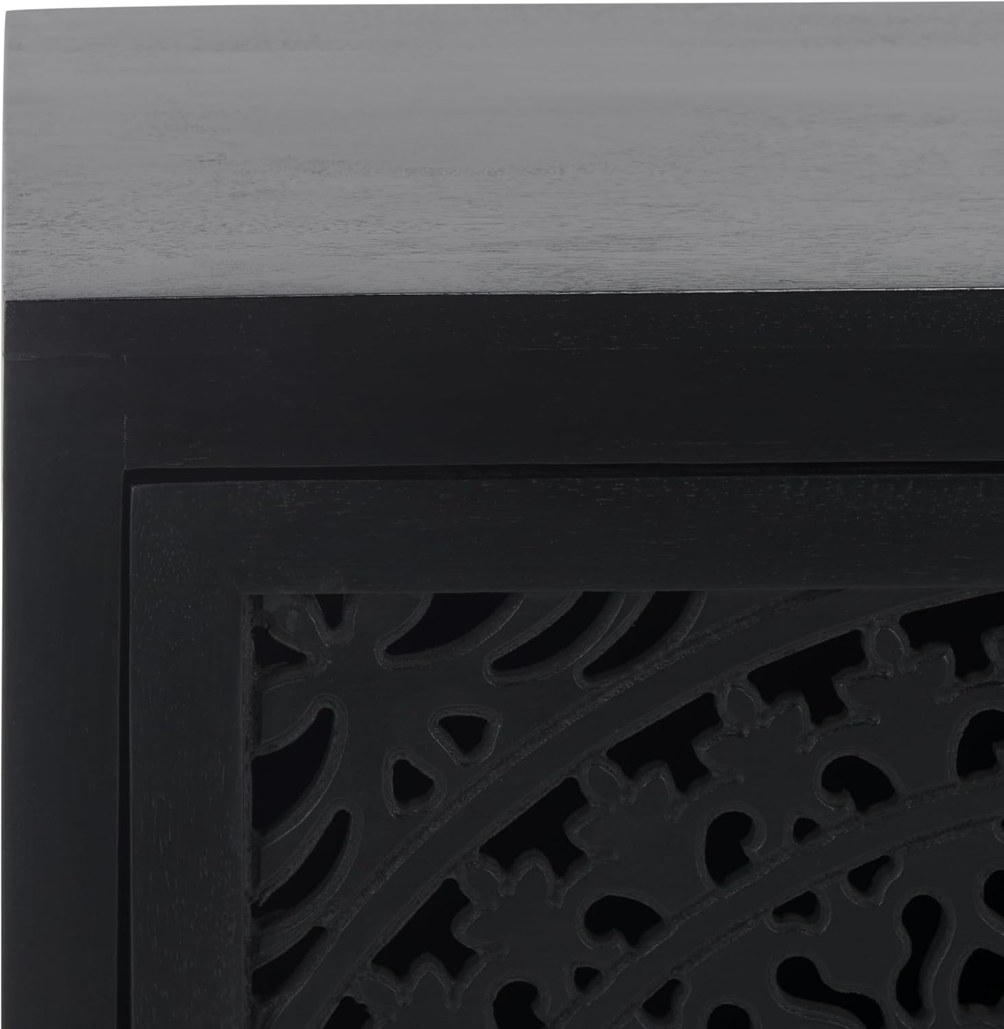 SAFAVIEH Furniture - Thea 1-Door Carved Nightstand - Black - Mango Wood - Artisan Global Design - Ideal for Bedroom, 20" W x 14" D x 26" H - Fully Assembled (NST5300D)