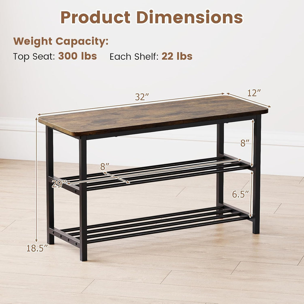 Giantex 3-Tier Shoe Bench, 32" L Shoe Organizer Storage Bench with Metal Slat Shelves & Seat, Front Door Shoe Rack for Entryway, Hallway, Bedroom, Living Room