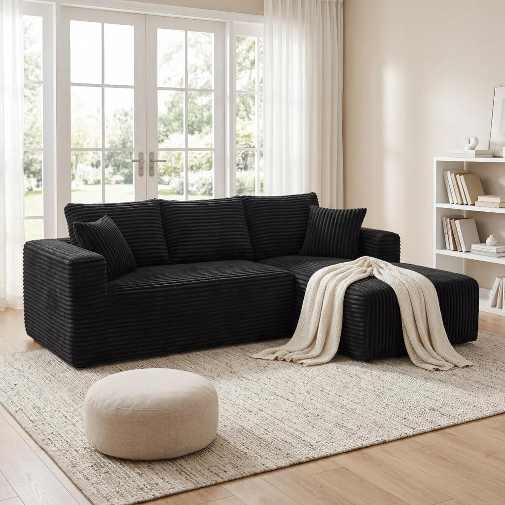 92.5" Modular Sectional Sofa, L-Shaped Cloud Couch with Deep Seats & Chaise, Convertible 4-in-1 Corduroy Couches for Living Room, Bedroom, No Need Assembly - Black(Right Facing Chaise)