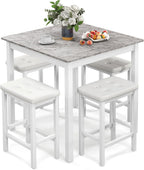 Tangkula 5-Piece Counter-Height Bar Table Set, Faux Marble Square Table & 4 PVC Leather Bar Stools w/Rubber Wood Legs, Modern Dining Set for Kitchen, Breakfast Nook & Small Spaces (White)