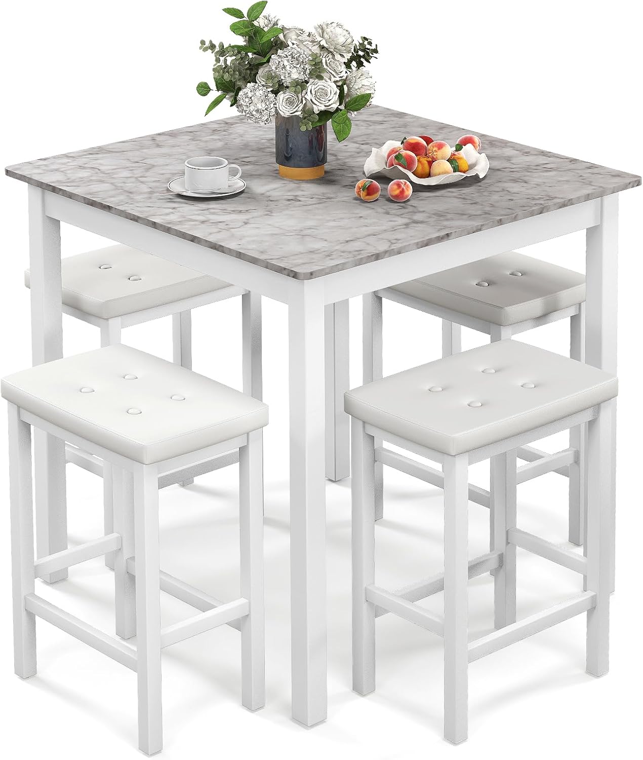 Tangkula 5-Piece Counter-Height Bar Table Set, Faux Marble Square Table & 4 PVC Leather Bar Stools w/Rubber Wood Legs, Modern Dining Set for Kitchen, Breakfast Nook & Small Spaces (White)
