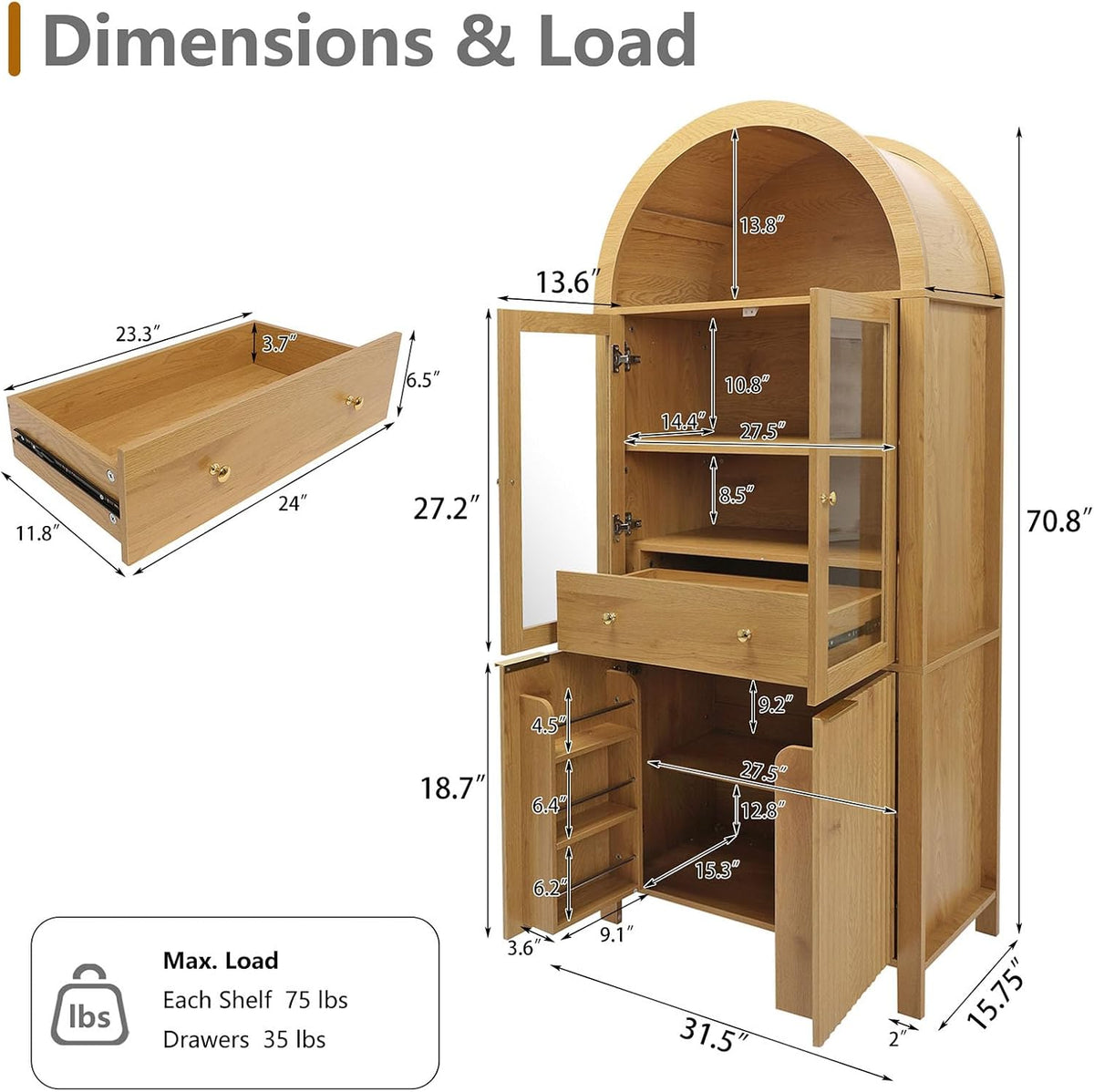 71" Fluted Tall Arched Pantry Cabinet with Glass Doors,Hutch Cabinet with Storage for Kitchen, Living Room, Dining Room, Wood Color